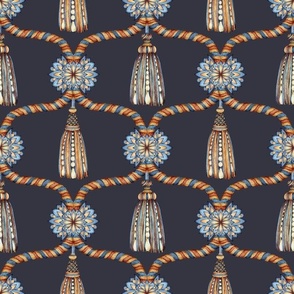 Passementerie - Tassels of Cord and Flower Lace on dark blue