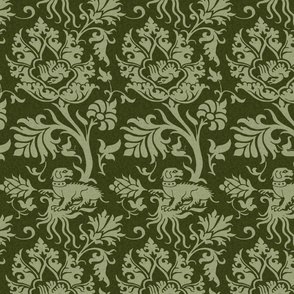 Medieval Trees with Hounds and Birds, Olive Green