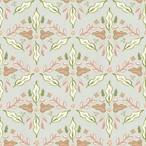 Botanical Arts and Crafts, Sage Green Fabric, Craftsman Wallpaper, Mission, white and green leaves
