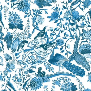Chinoiserie Blue Chintz single color wallpaper, birds, plants, botanicals.