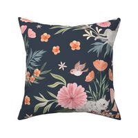 cats in spring garden with pink and coral flowers - large