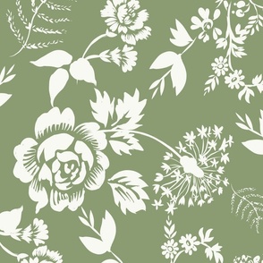 White flowers on sage single color muted green cottage - large