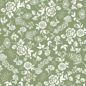 White flowers on sage green, cottagecore style  small ditsy