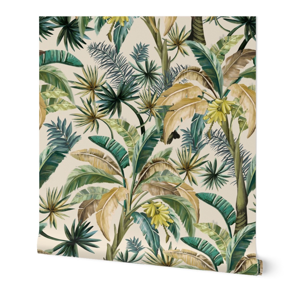 Tropical Banana Palm Tree vintage muted greens, pale yellow, retro tropical, mid century wallpaper