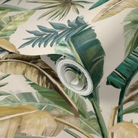 Tropical Banana Palm Tree vintage muted greens, pale yellow, retro tropical, mid century wallpaper