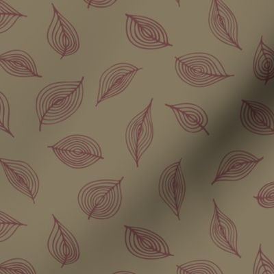 Khaki Green Woodland Forest Leaves Duotone Freehand Contour Lines in Madder Brown on Lead Gray for Autumn and Fall