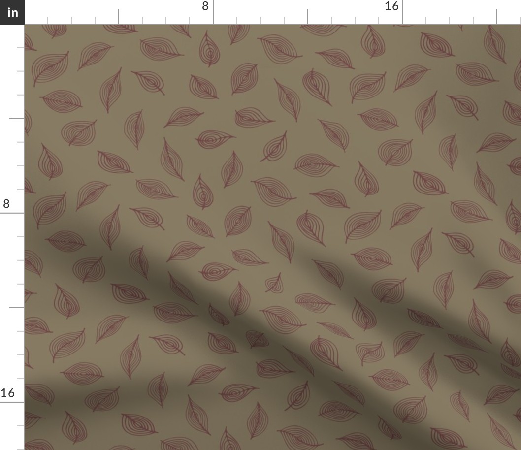 Khaki Green Woodland Forest Leaves Duotone Freehand Contour Lines in Madder Brown on Lead Gray for Autumn and Fall