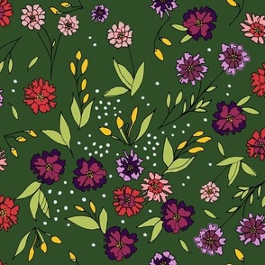 Hand Drawn Spring Flowers On Luxe Green.