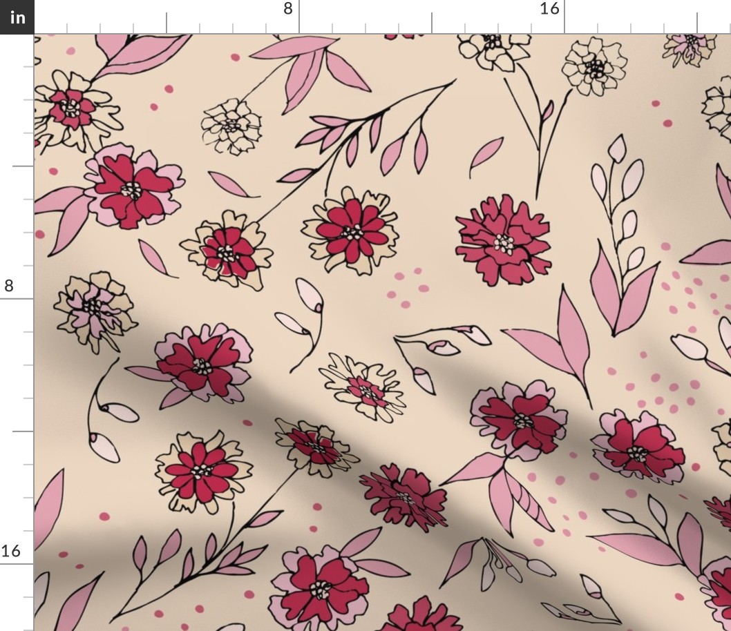 Hand Drawn Flowers - Half Block - Viva Magenta.