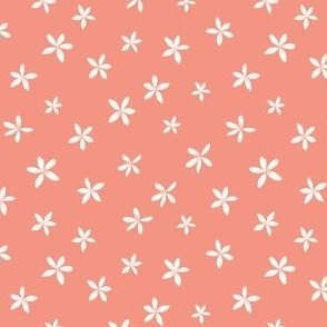 Ditsy White Star Flower Floral on Coral Peach Background