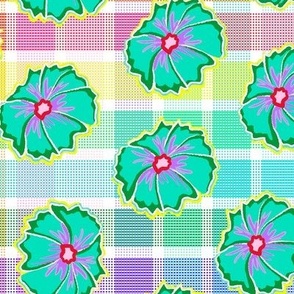 Playful print of multicolored windowpane checks with pop style ditsy flowers - large scale .