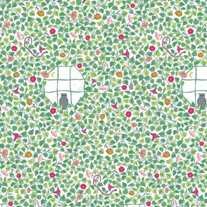 Statement print of a floral vine window with quirky owls and spider webs - white and green - small