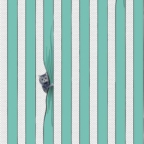 Quirky stripes with cats peeking around curtain, small dots in background - teal and white - smaller repeat.