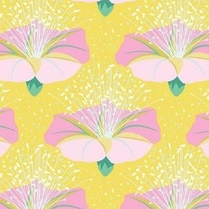 Retro Bohemian Floral Morning Glories - mustard.