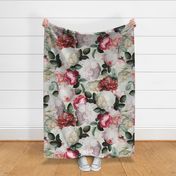 X- Large - Vintage Summer Dark Night Romanticism:  Maximalism Moody Florals- Antiqued Pink And Cream Jan Davidsz. de Heem Roses Bouquets With Fern Leaves Nostalgic - Gothic Mystic Night-  Antique Botany Wallpaper and Victorian Goth Mystic inspired