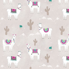 [medium] Llamas with pom poms and cacti - warm grey with magenta, teal and mint