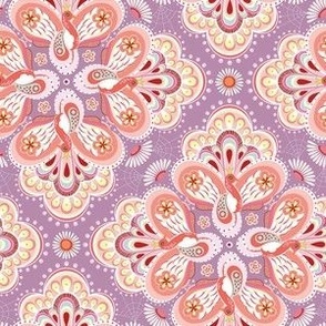 Colorful floral medallions with hidden decorative paisley peacocks for curtains and wallpaper 
