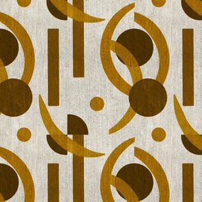 Bold Mid century Modern linen effect textured abstract geometric 12” repeat golden hues, browns, cream