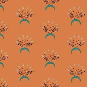 Eclectic Green Moons and Plants on Orange Background