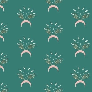 Eclectic Moons and Plants on Emerald Green Background