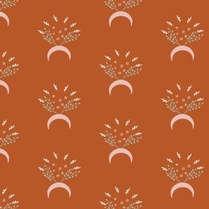 Eclectic Moons and Plants on Burnt Sienna Background