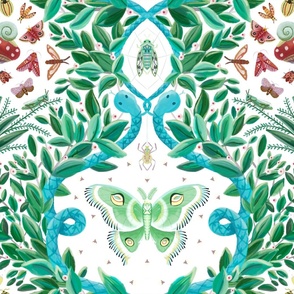 Whimsical damask pattern on white background with greenery, moths, snakes and insects - large scale.