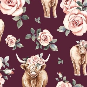 Large Scale / Rose Highland Cow / Burgundy Background