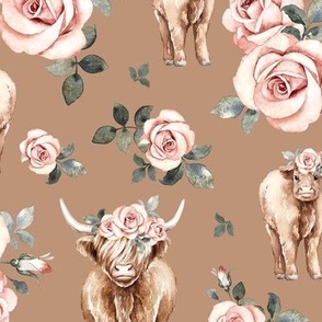 Large Scale / Rose Highland Cow / Ochre Background