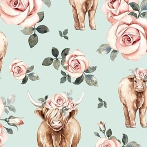 Large Scale / Rose Highland Cow / Mint Background