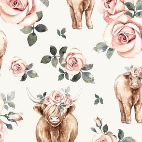 Large Scale / Rose Highland Cow / Off-White Background