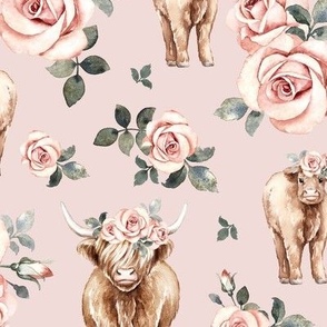 Large Scale / Rose Highland Cow / Light Dusty Pink Background