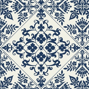 navy blue mediterranean Tiles in Blue on off-white / Alabaster - medium scale