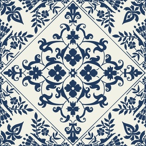 navy blue mediterranean Tiles in Blue on off-white / Alabaster - large scale