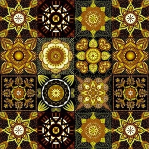 Mediterranean mandala flower tiles 9 grid patchwork handdrawn cottage core 6” repeat yellow, honeycom brown hues 