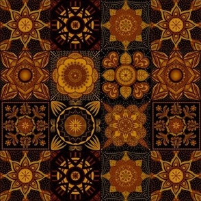 Mediterranean mandala flower tiles 9 grid patchwork handdrawn cottage core 6” repeat  golden brown fall hues 