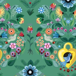 Dainty print of cute birds and birdhouse amid colorful floral vines and plants for wall paper - large.