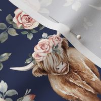 Medium Scale / Rose Highland Cow / Navy Background