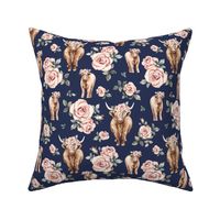 Medium Scale / Rose Highland Cow / Navy Background