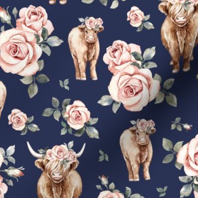 Medium Scale / Rose Highland Cow / Navy Background