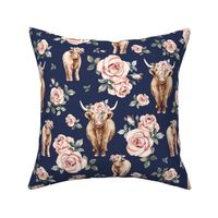 Large Scale / Rose Highland Cow / Navy Background