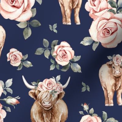 Large Scale / Rose Highland Cow / Navy Background