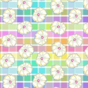 Delightful multicolored gingham print with flower pops  - petunias and rainbow - small Scale.