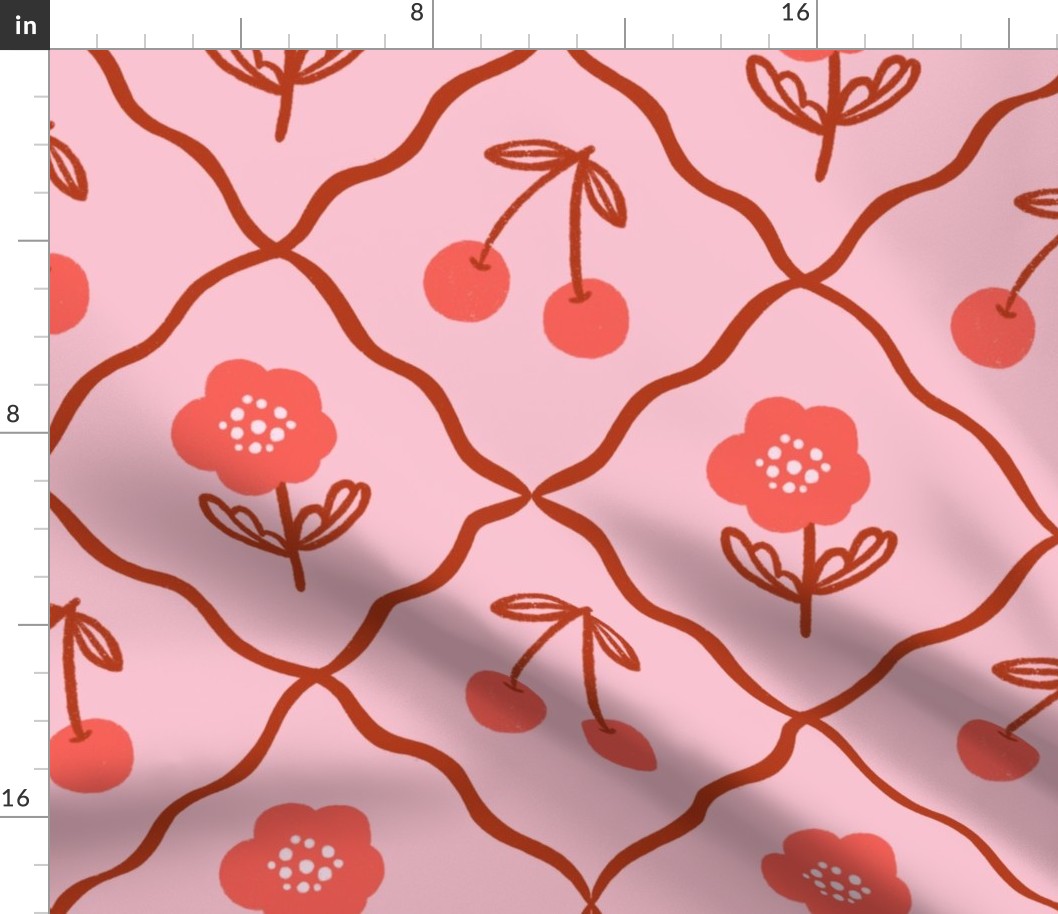 Cherries and Poppies -Coral and Terracotta - Large