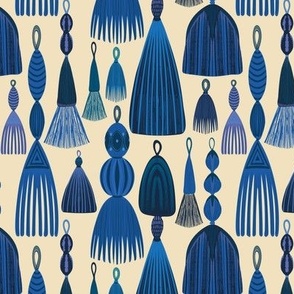Blue tassels  - A selection of blue tassels in a drawn style with a cream background.