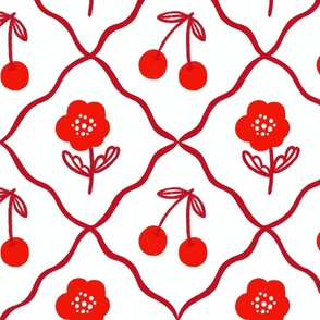 Cherries and Poppies Red on White- Large
