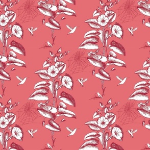 Etched Toile with Flowers and Hummingbirds - coral