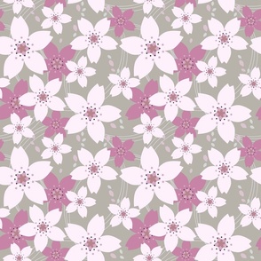 Cherry Blossoms: A Japanese-Inspired Pattern of Pink Florals on a Greige Canvas