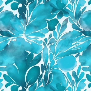 Abstract Watercolor Flower Pattern Light Teal Blue Smaller Scale