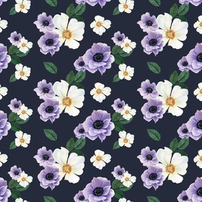 Amethyst and White Watercolor Flowers on Midnight Blue