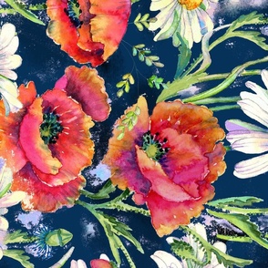 Poppies and daisies sideways - navy 